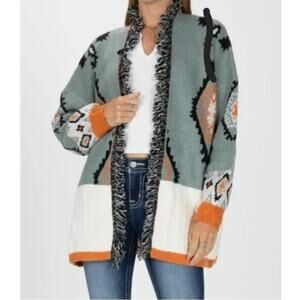 Miss Me Oversized Aztec Fringe Cardigan Large Cozy Boho Sweater